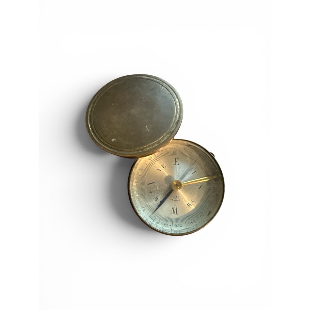 Antique French Brass Pocket Compass Made in France With Lid Circa 1900
